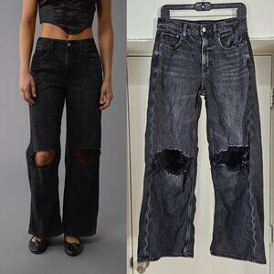American Eagle Black Baggy Jeans Wide Leg Distressed Ripped High Waisted Pants 6
